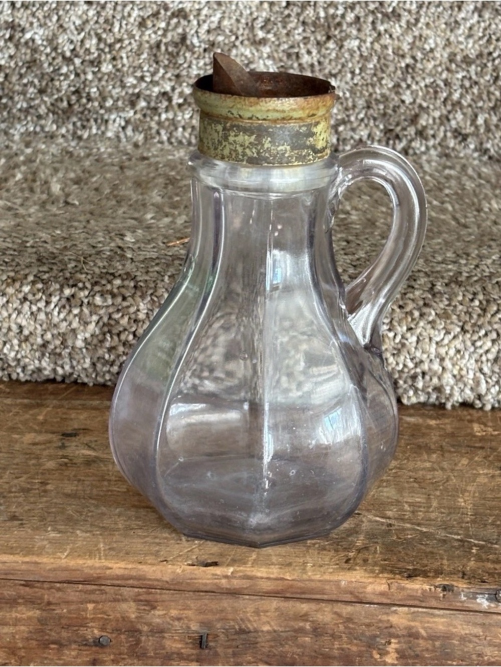 Vintage Clear Glass Pitcher with Rustic Metal Spout